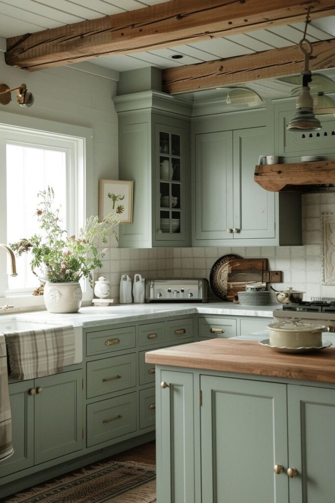 green kitchen cabinets ideas for hardware and countertop