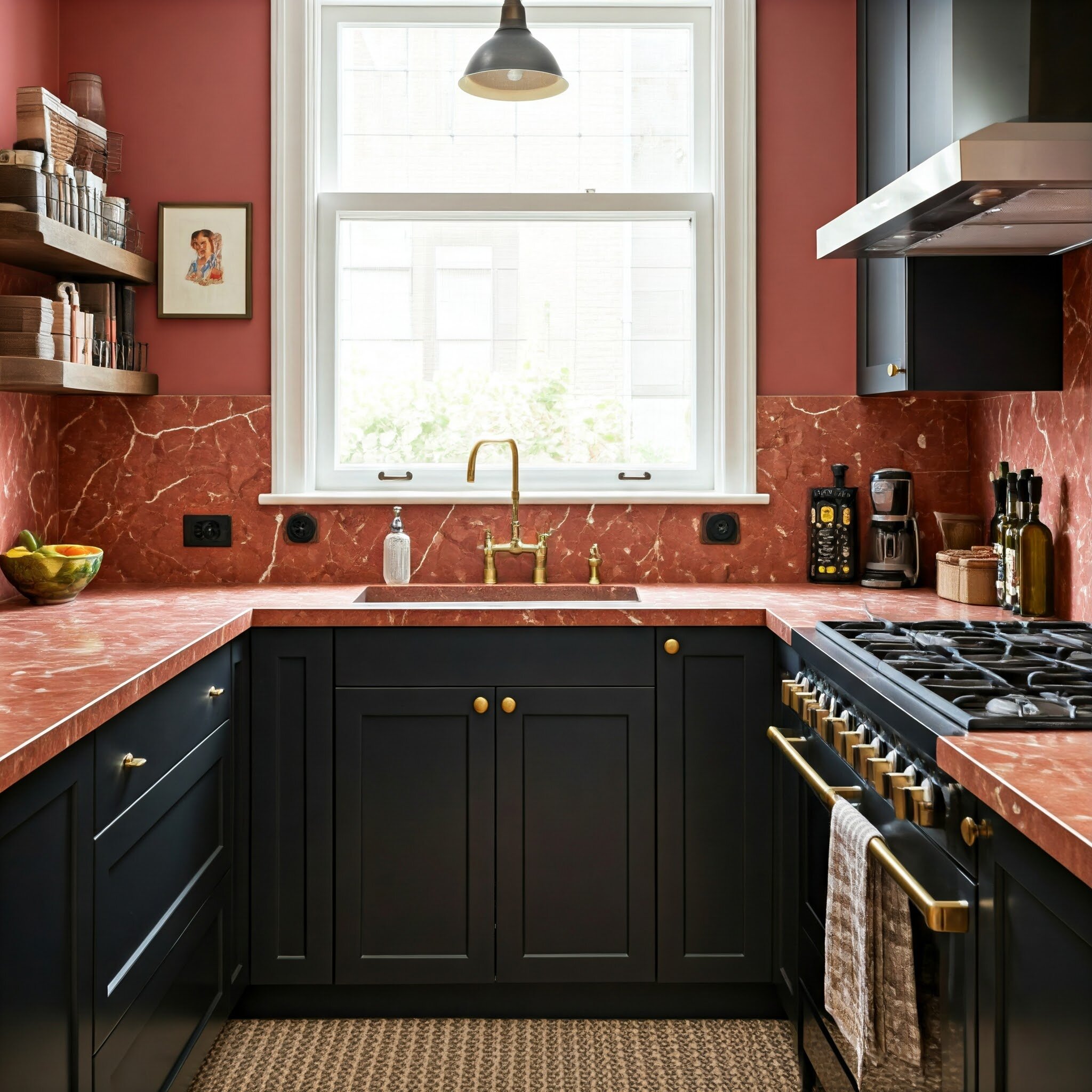 Galley Kitchen with Black Lower Cabinets and Concrete Countertops Ideashome and garden